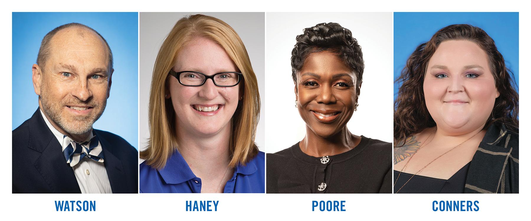 Four headshots of university staff: a man in a bow tie, a woman with glasses in a blue shirt, a woman in a black top, and a woman with curly hair in a blazer.
