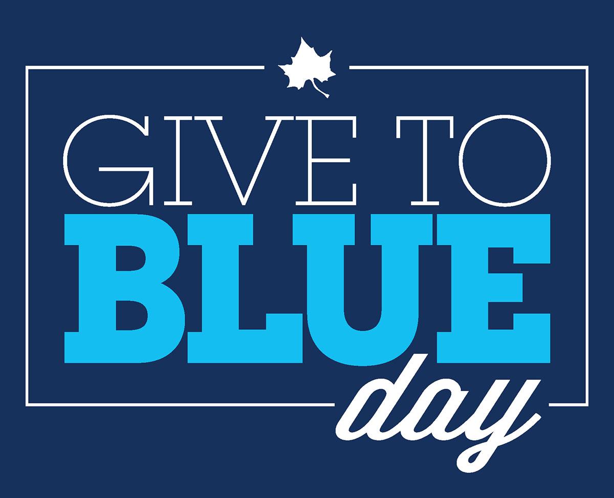 Give to Blue Day logo with text in white and blue on dark blue background, featuring a white maple leaf above the text.