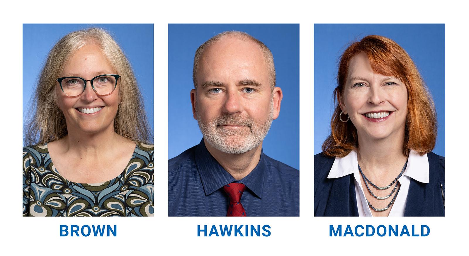 Three headshots of faculty members with blue backgrounds; a woman with glasses and patterned top, a man with beard and red tie, and a woman with red hair and ne