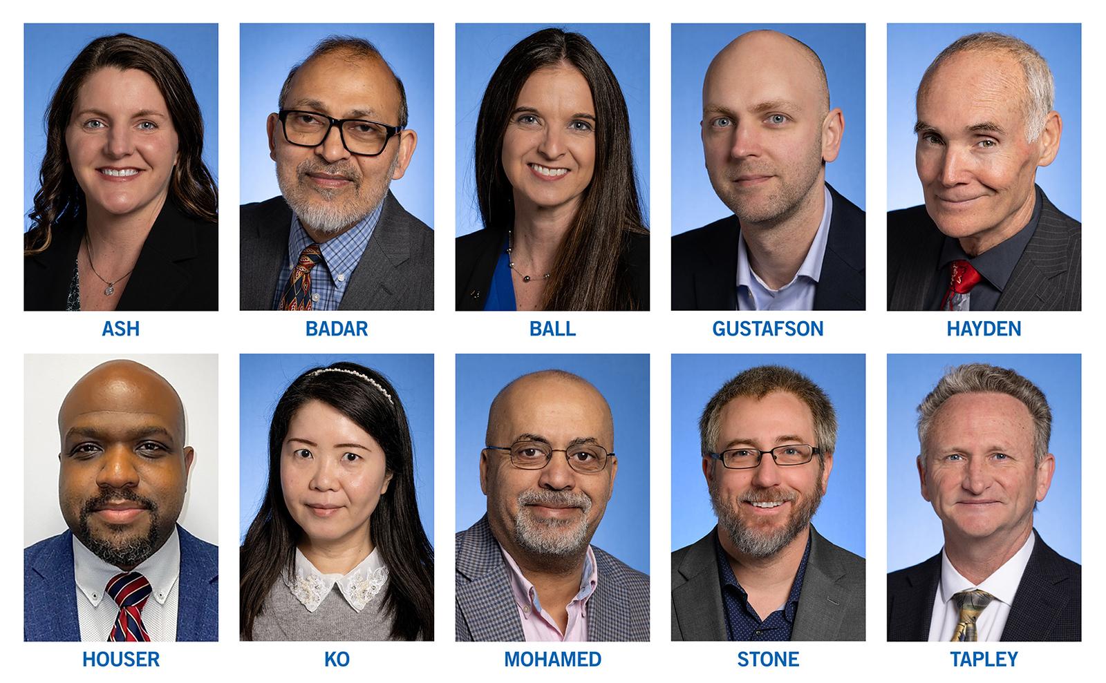 Ten faculty members, five women and five men, posed in individual headshots with blue backgrounds, wearing professional attire and smiling.