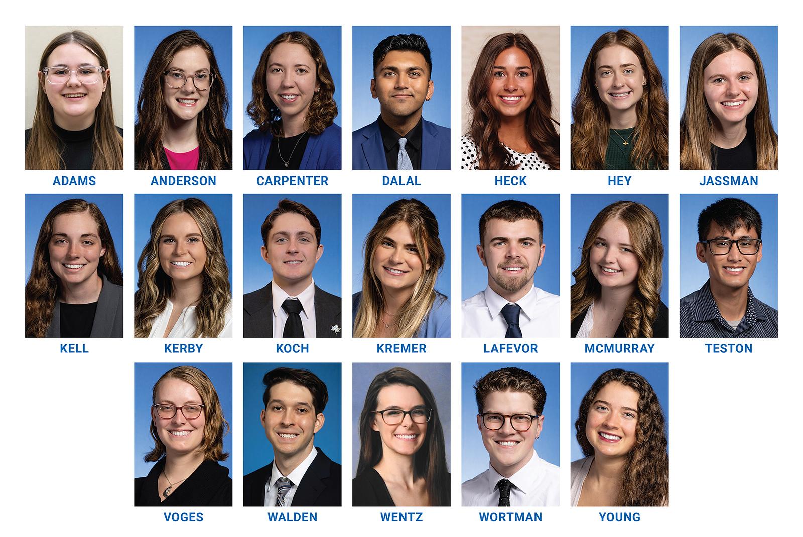 Headshots of nineteen young adults arranged in three rows, each with their last names in blue text below their photos against a blue or white background.
