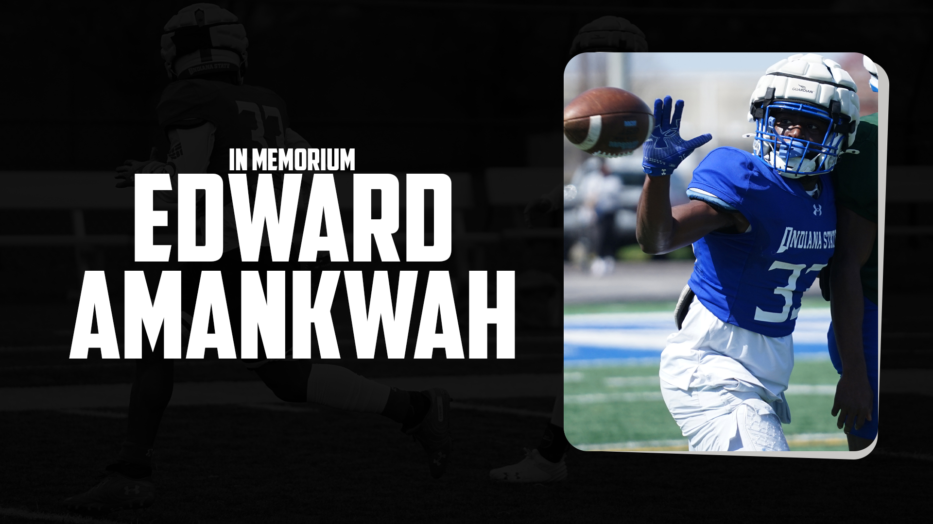Football player in blue Indiana State uniform and white helmet throwing a football on a sunny field.