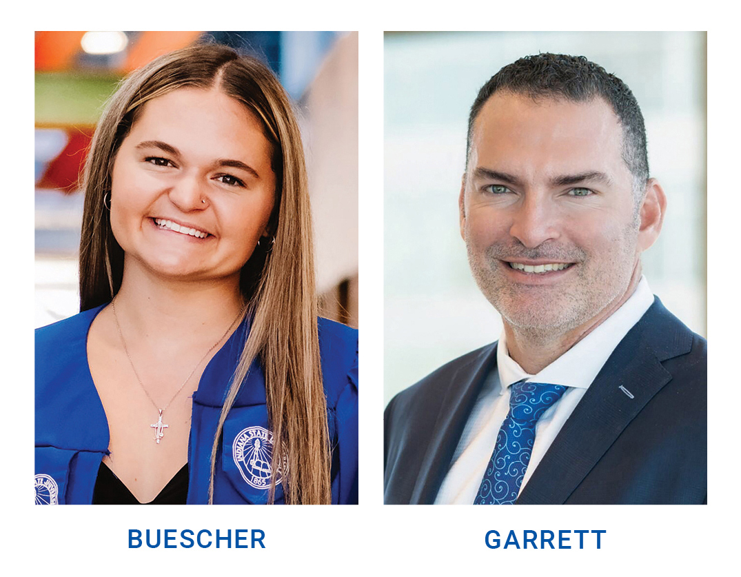 Young woman in blue graduation gown smiling and man in suit with patterned blue tie smiling in side-by-side headshots against indoor backgrounds.