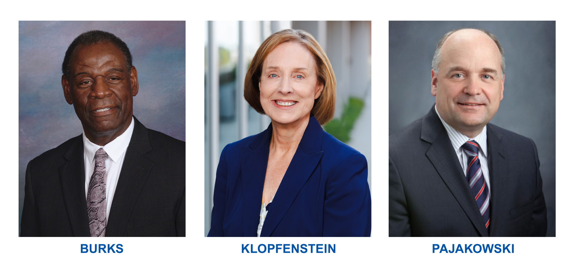 Three professional headshots of alumni award recipients: a Black man in a dark suit and patterned tie, a white woman in a blue blazer, and a white man in a dark