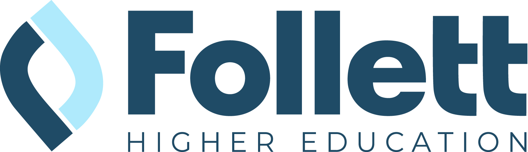 Follett Higher Education logo with a blue abstract shape and dark blue text on a white background.