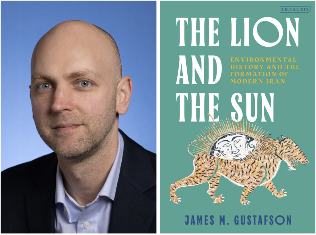 Portrait of a bald man with blue eyes in a suit next to a teal book cover titled The Lion and The Sun by James M. Gustafson.