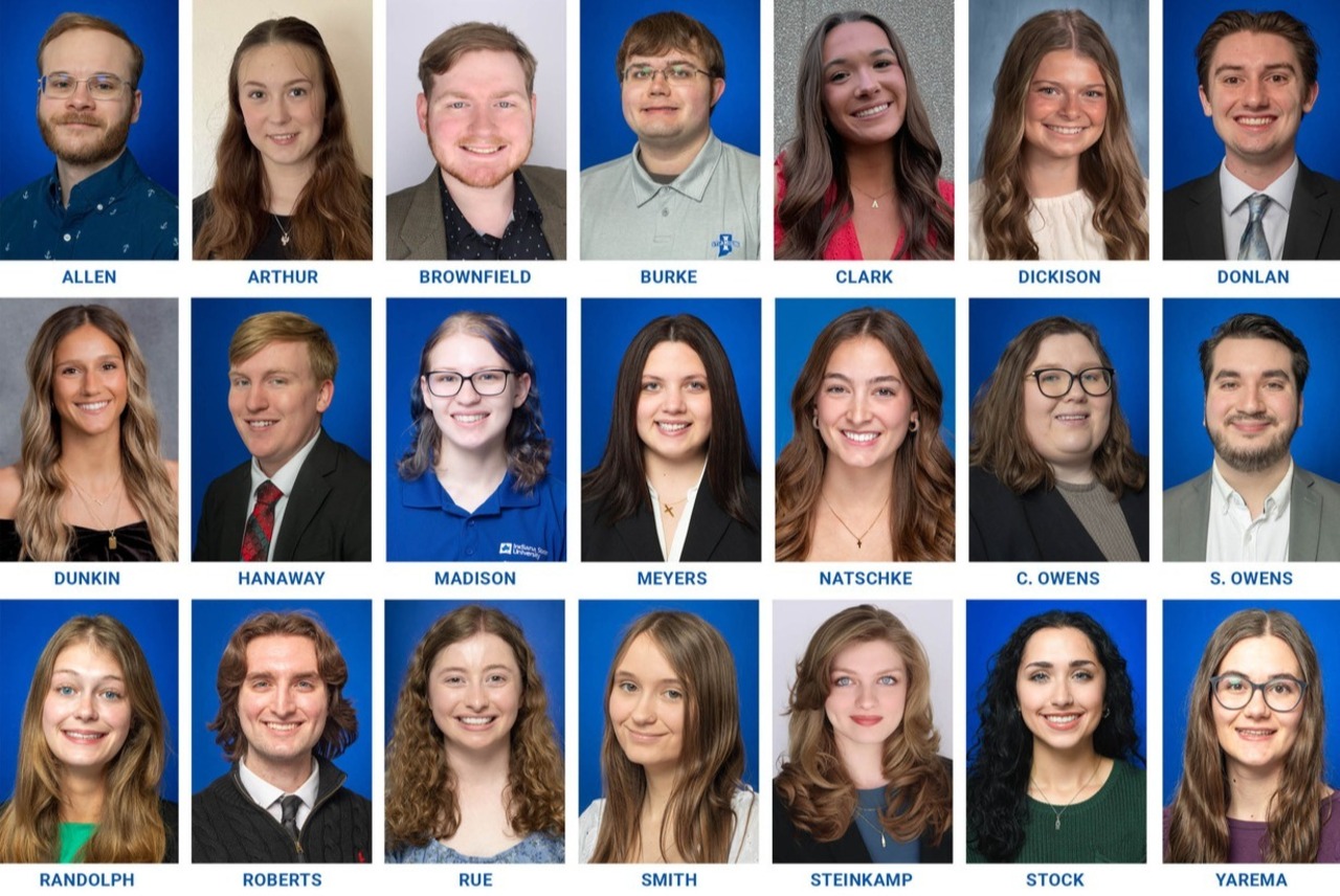 Grid of 20 headshots of diverse young adults with names below, set against blue or neutral backgrounds, smiling or neutral expressions.