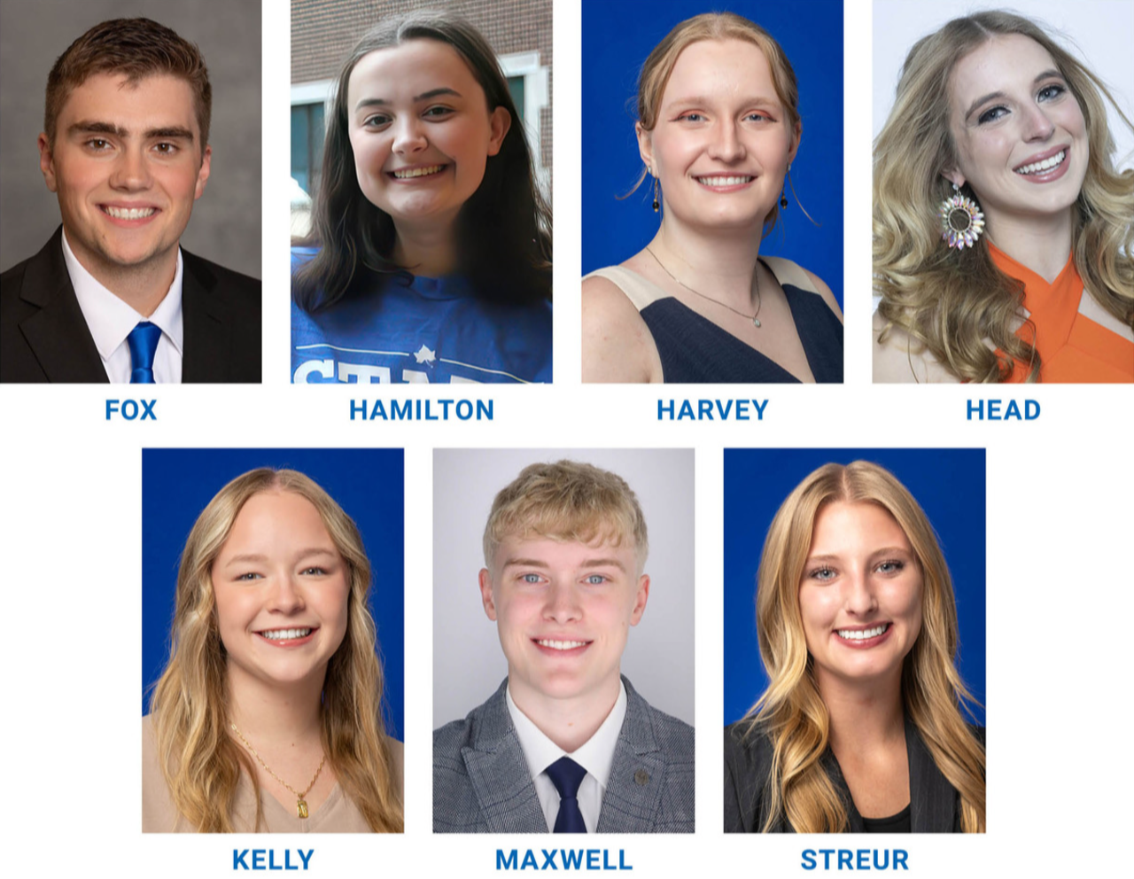 Seven individual portraits of young adults smiling, with seven different colored or solid backgrounds, labeled Fox, Hamilton, Harvey, Head, Kelly, Maxwell, and 