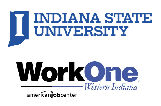 Logos of Indiana State University and WorkOne Western Indiana with the phrase American Job Center below WorkOne.