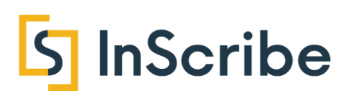 InScribe logo with overlapping yellow square frames and stylized "S" next to the InScribe text in dark blue font.