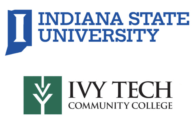 Indiana State University logo above Ivy Tech Community College logo on a white background.