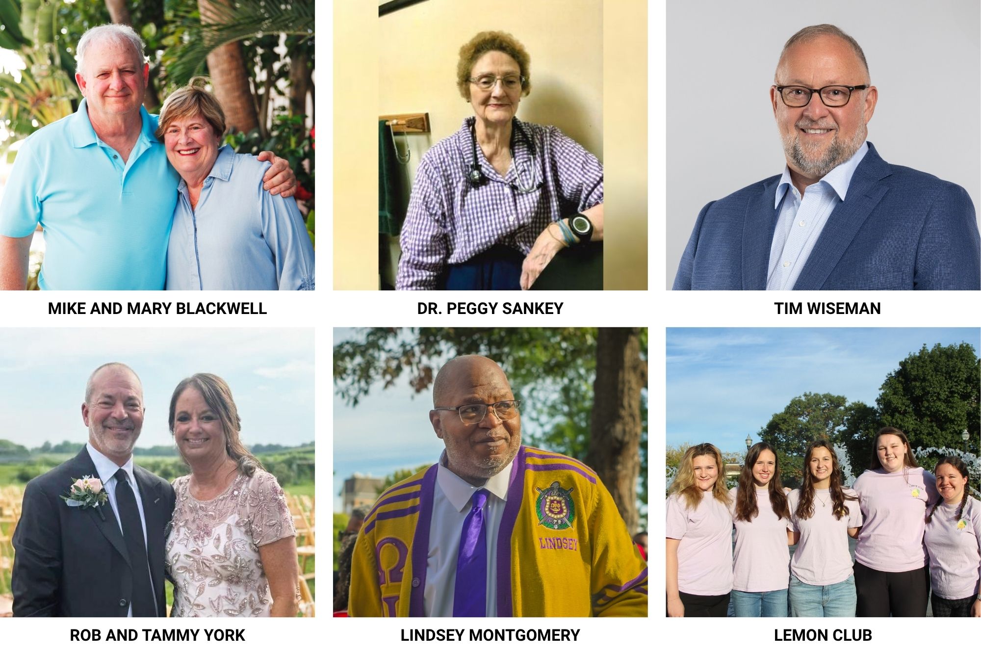 Six portraits of 2025 philanthropy award recipients: three couples/groups and three individuals smiling or posing in varied outdoor and indoor settings.