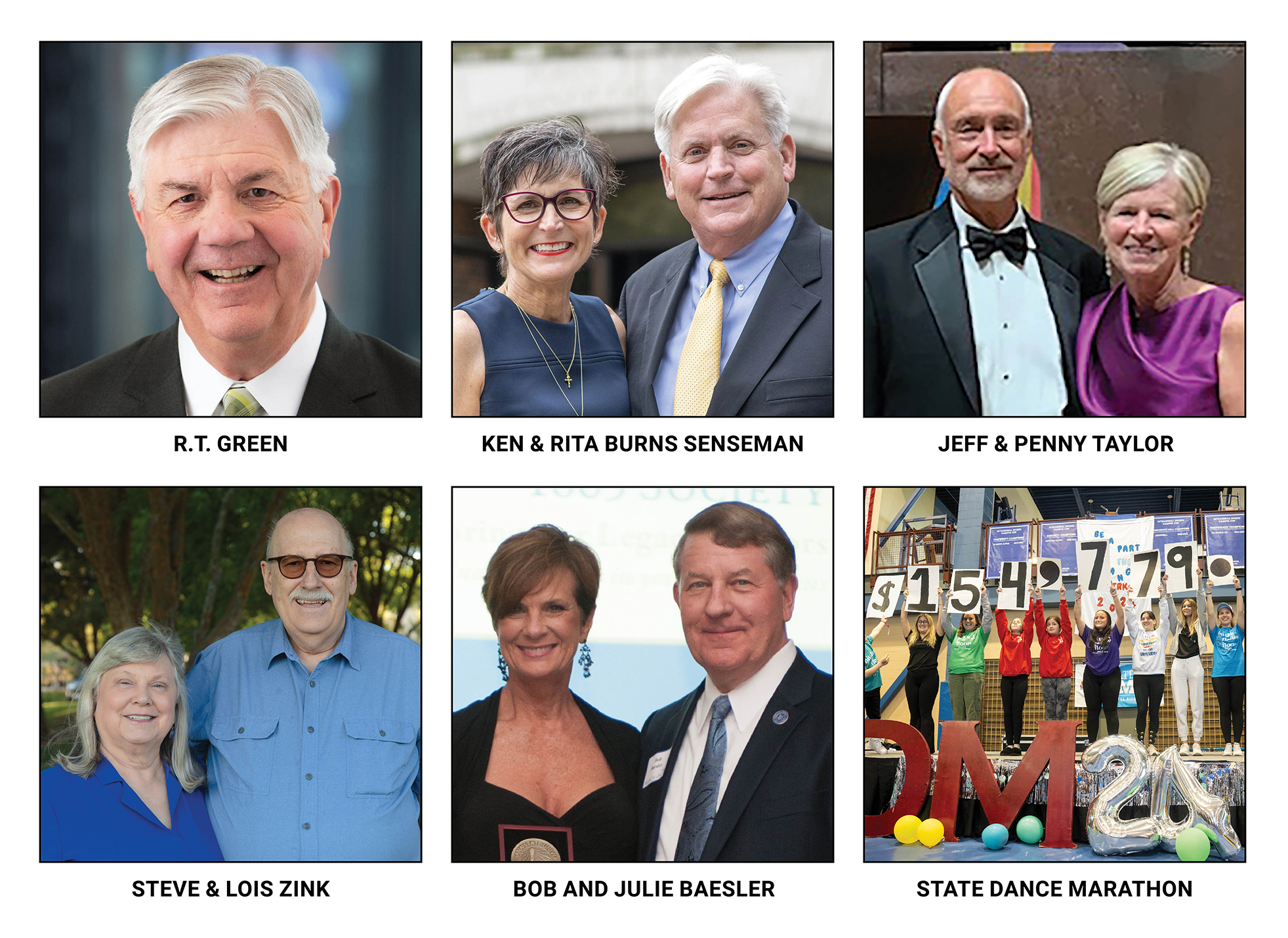 Six photos showing Indiana State University philanthropy honorees: R.T. Green, Ken and Rita Burns Senseman, Jeff and Penny Taylor, Steve and Lois Zink, Bob and 