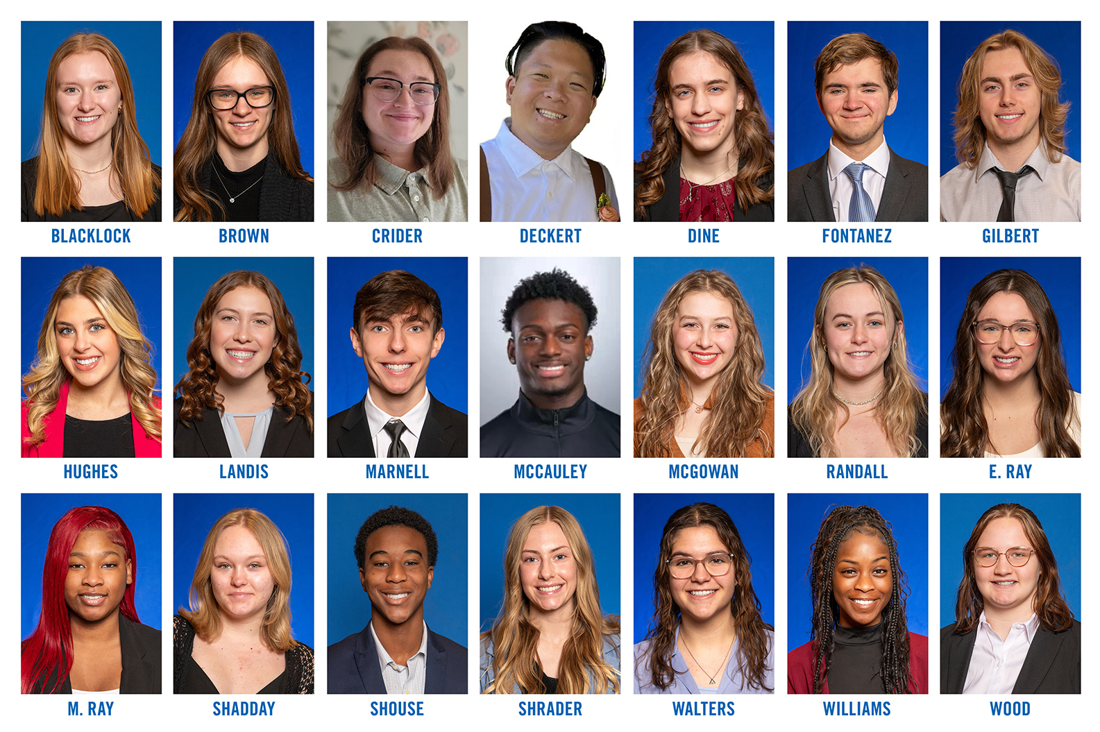 Portraits of 20 President’s Scholars at Indiana State University with a blue background, arranged in three rows with names below each person.