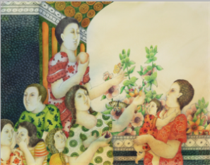 Colorful painting depicting women and children interacting with butterflies and plants in a patterned, decorative setting.
