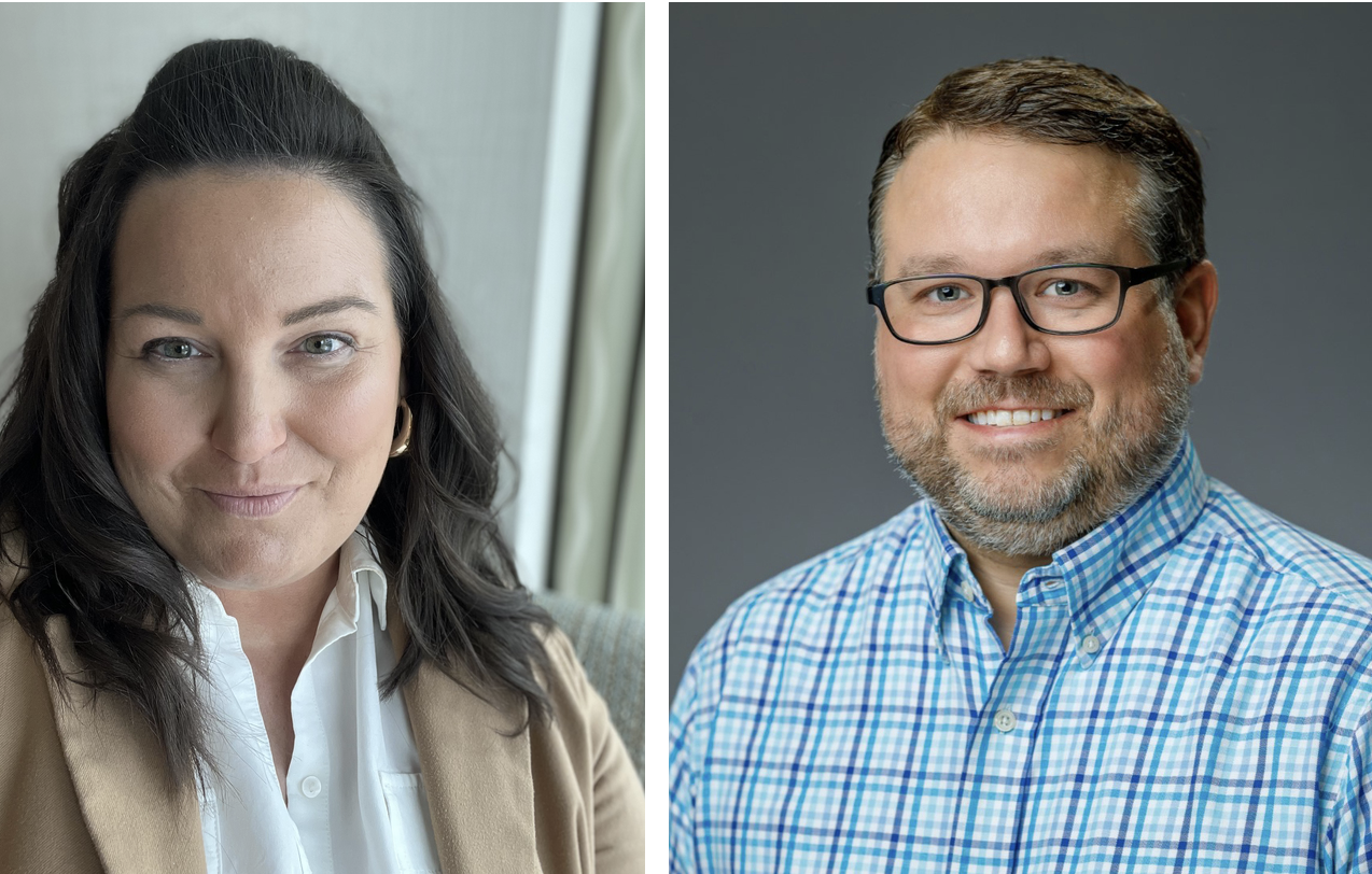 Two headshots side by side: a woman with long dark hair wearing a tan jacket and white shirt, and a man with short hair and glasses wearing a blue plaid shirt.