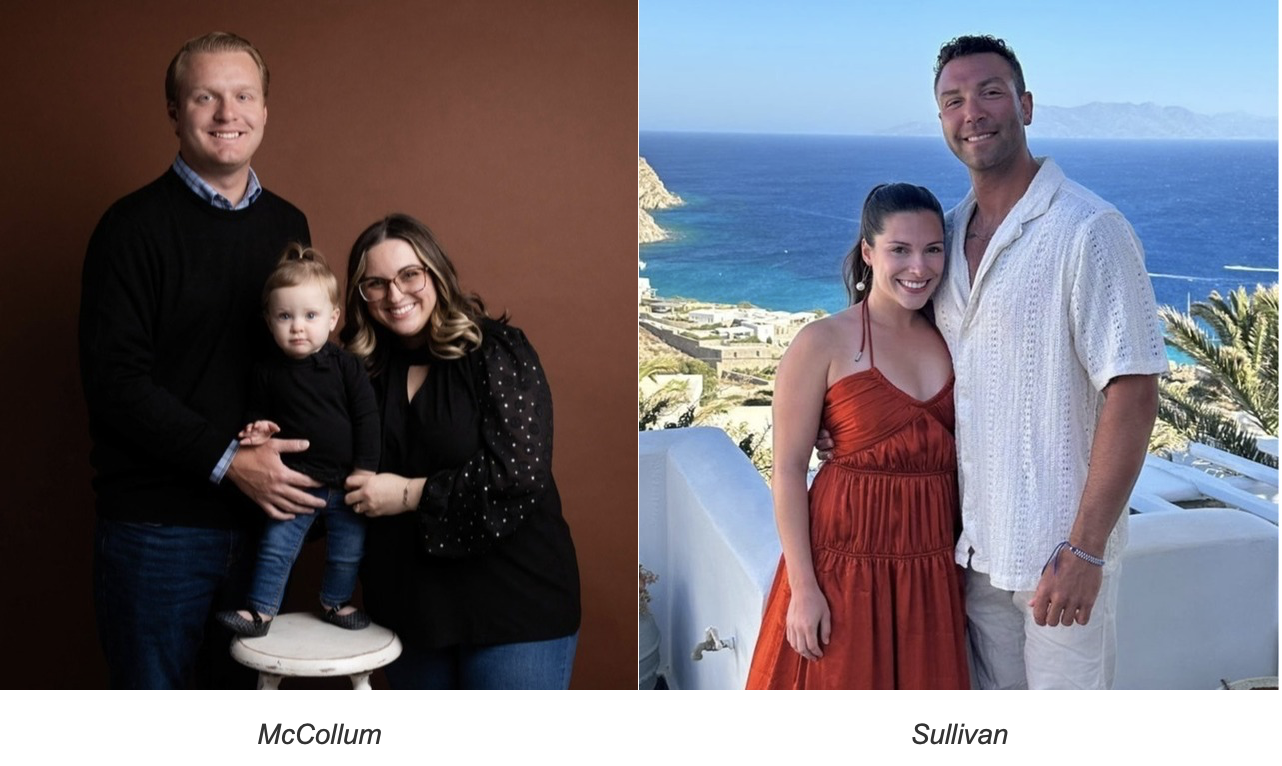 Two side-by-side photos: left shows a man, woman, and toddler in casual attire against a brown backdrop; right shows a smiling couple in summer clothes by a sea