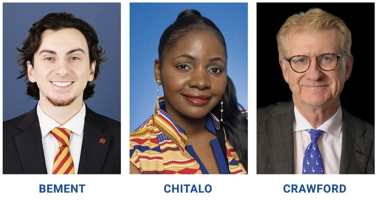 Three individuals in professional attire with names Bement, Chitalo, and Crawford below their portraits against blue and black backgrounds.