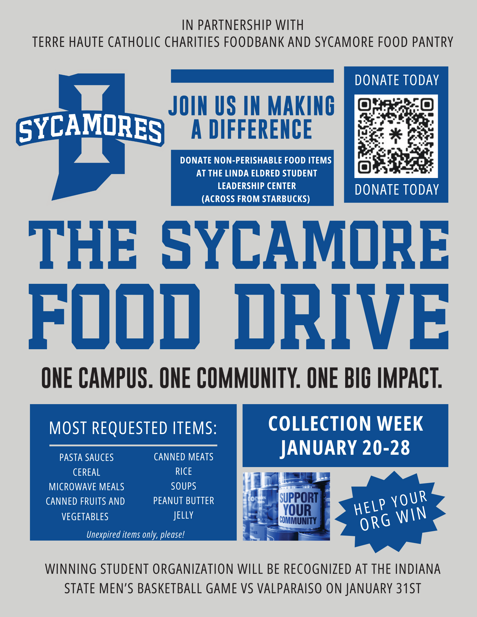 Sycamores food drive flyer with donation details, requested non-perishable food items, collection dates January 20-28, and a QR code for donations.