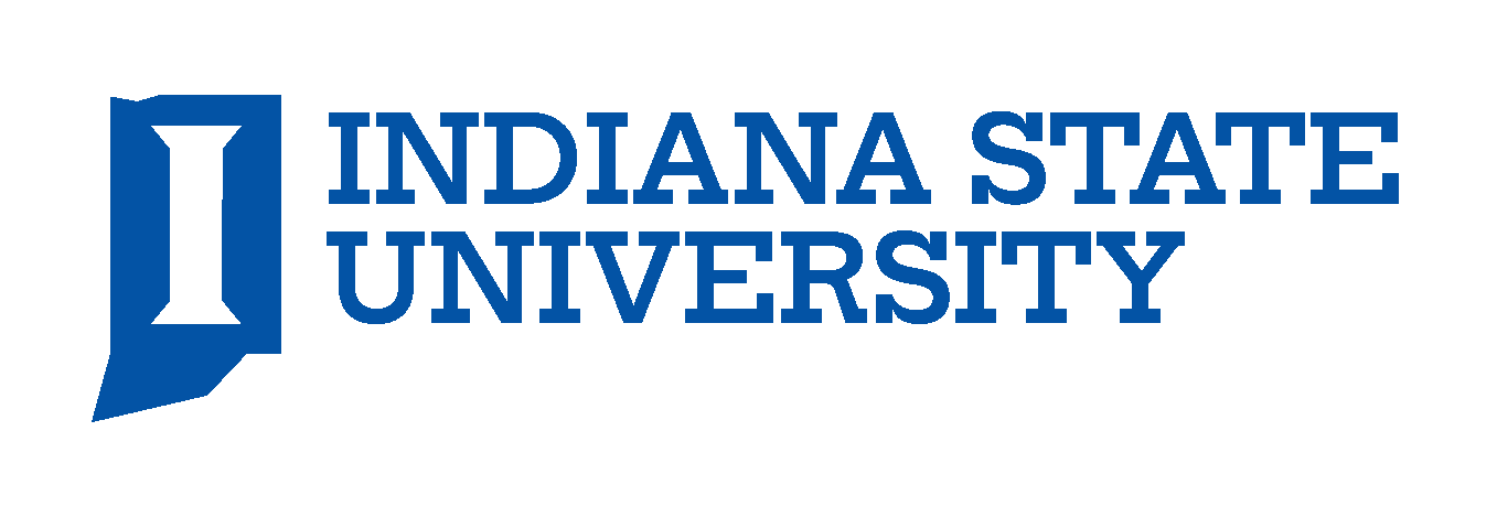 Blue Indiana State University logo with stylized "I" inside an Indiana state outline to the left of the text on a white background.