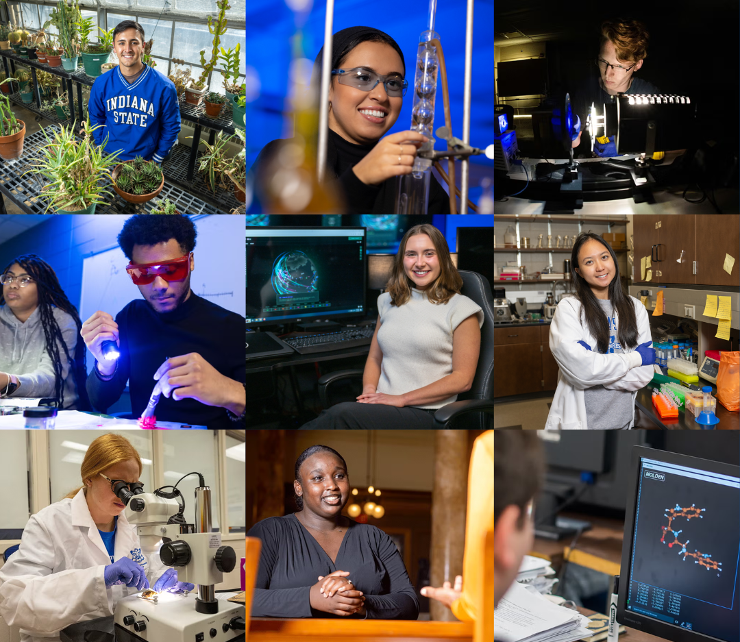 Nine diverse students and faculty engaging in scientific research and lab work, including microscopy, chemical experiments, and digital analysis.