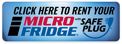 Banner-style button graphic with the text “Click Here to Rent Your MicroFridge with Safe Plug” in blue, black, and pink lettering on a blue gradient background with a power plug icon.