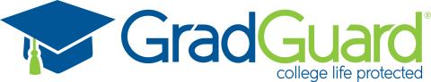 GradGuard logo featuring a blue graduation cap with a green tassel beside the company name in blue and green text, with the tagline “college life protected.”