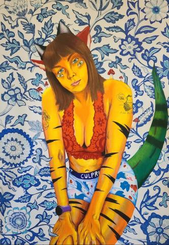Art piece of a human-animal hybrid figure with yellow tiger-striped skin, cat-like ears, and a green tail, posed against a blue-and-white floral patterned background with mushrooms and botanical elements.