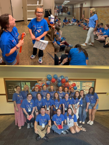 1. A group of people wearing matching blue shirts poses in front of a balloon arch. 2. Two people smiling and interacting indoors. 3. A person stands addressing a seated group in a hallway.