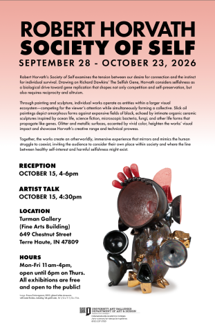 Poster for Robert Horvath: Society of Self, on view Sept. 28–Oct. 23, 2026, at Turman Gallery. Reception Oct. 15, 4–6 p.m., with an artist talk at 4:30 p.m.